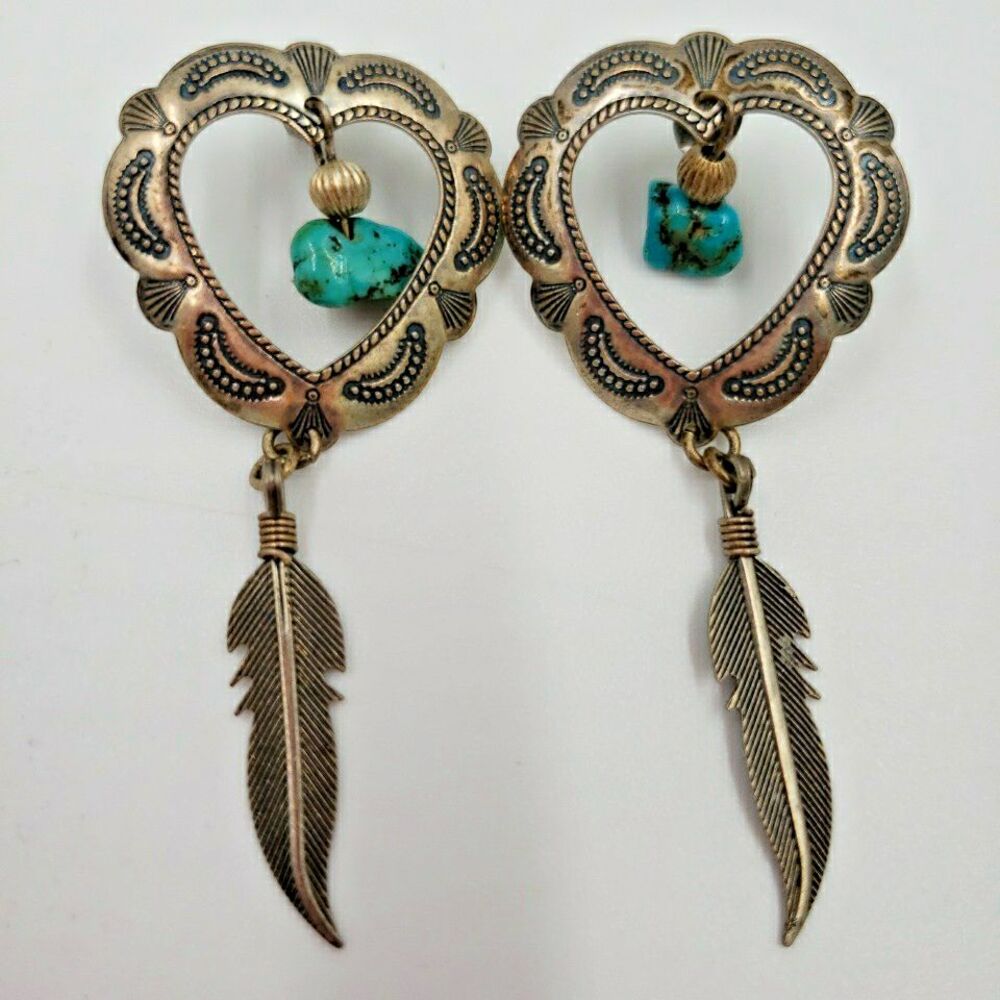 Vtg Dangle Feather Earrings Heart Turquoise Nugget QT Sterling Silver Southwest